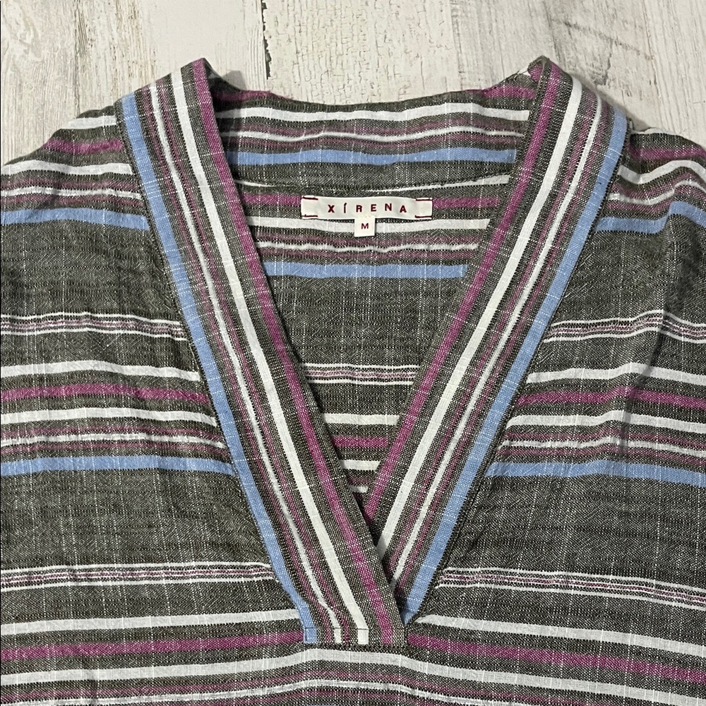 XiRENA Gray Striped V-Neck Blouse with Blue and Purple Accents - Picture 2 of 9